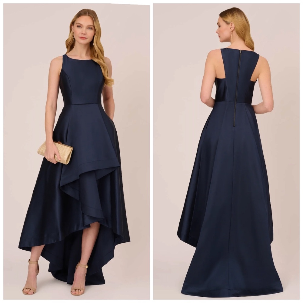 Adrianna Pappell High Low Mikado Gown Asymmetrical Detail In Midnight 18 NWT